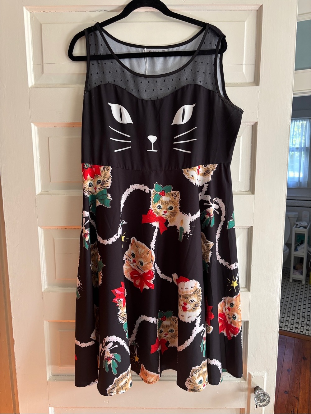 Nextmia Black Cat Print Dress US 16 | Sheer Mesh Yoke Cute Kitten Holiday Dress